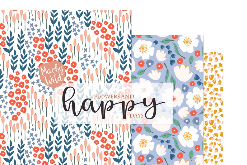 happy days flower Pattern -Digital Seamless Paper - meadow illustration - pattern flower journal - Printable Scrap Paper Set image 3