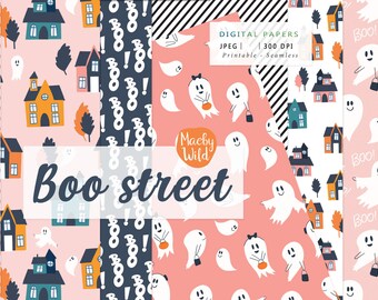 Boo Halloween digitaal naadloos papier, spookhuizen, geesten, handgeschreven typografiepatroon, spookachtige snoepstrepen, voor uitnodigingen en kaarten
