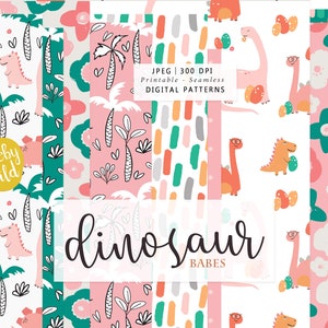 Dinosaur babes Digital Seamless Pattern Paper - jungle, dino, baby girl Scrap paper - Printable Paper Set - Commercial