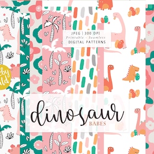 Dinosaur babes Digital Seamless Pattern Paper - jungle, dino, baby girl Scrap paper - Printable Paper Set - Commercial