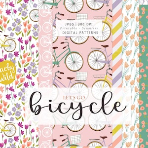 Vintage Bicycle - flower Digital Pattern Paper - diagonal picnic stripes Seamless background Scrap paper - Printable  - Commercial