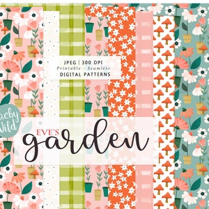 May include: A collection of digital seamless patterns featuring floral and garden-themed designs. The patterns include mushrooms, flowers, and potted plants in shades of orange, pink, green, and white. The text "Eve's Garden" is displayed in a cursive font.