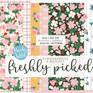Strawberry & flowers Digital Seamless Pattern Paper - Strawberry and flowers summer Scrap paper - Printable Paper Set - Commercial