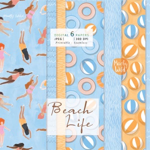 Swimming Babes Akwarela Cyfrowy Bezszwowy Wzór Papieru - Wakacje Letnie Papier Scrap - Zestaw Papieru Plażowego Do Druku - Komercyjny