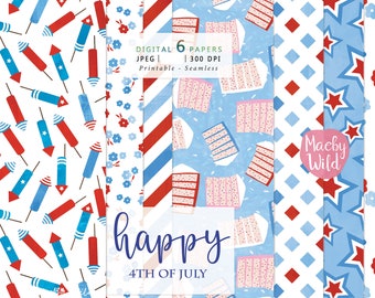 Digital Seamless Pattern Paper - Happy 4th of July - Printable Paper Set - Patriotic Commercial Digital Paper Pack &  seamless Background