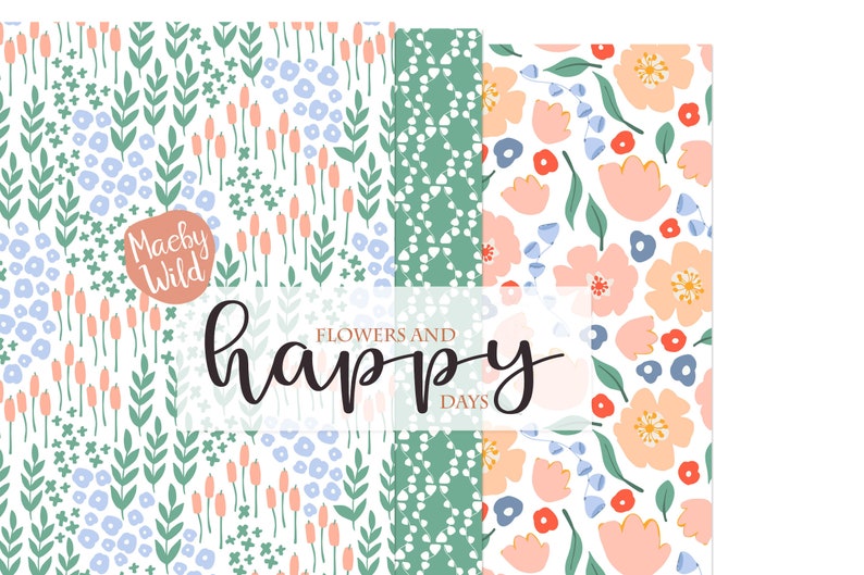 happy days flower Pattern -Digital Seamless Paper - meadow illustration - pattern flower journal - Printable Scrap Paper Set image 5