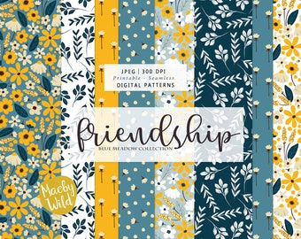 May include: A set of 8 digital seamless patterns featuring yellow and white flowers, blue leaves, and white dots on a blue background. The patterns are titled "Friendship - Blue Meadow Collection" and are designed by "Macky Wild".