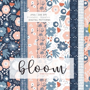 Bloom flower Digital Seamless Pattern Paper - Flower journal pattern -  Scrapbook paper - Printable birthday Paper Set - Commercial