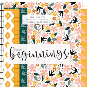 New Beginnings Digital Seamless Pattern Paper - Floral bird boho pattern Scrap paper - Printable spring Paper Set - Commercial