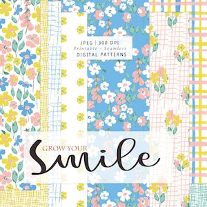 Grow your smile Digital Seamless Pattern Paper - Floral meadow pattern Scrap paper - Printable spring Paper Set - Commercial