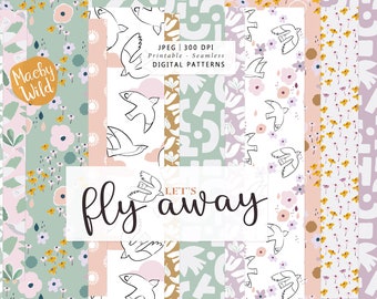 Boho line illustration Digital Seamless Pattern Paper - bohemian floral pattern Scrap book paper - bird line art -Printable - Commercial