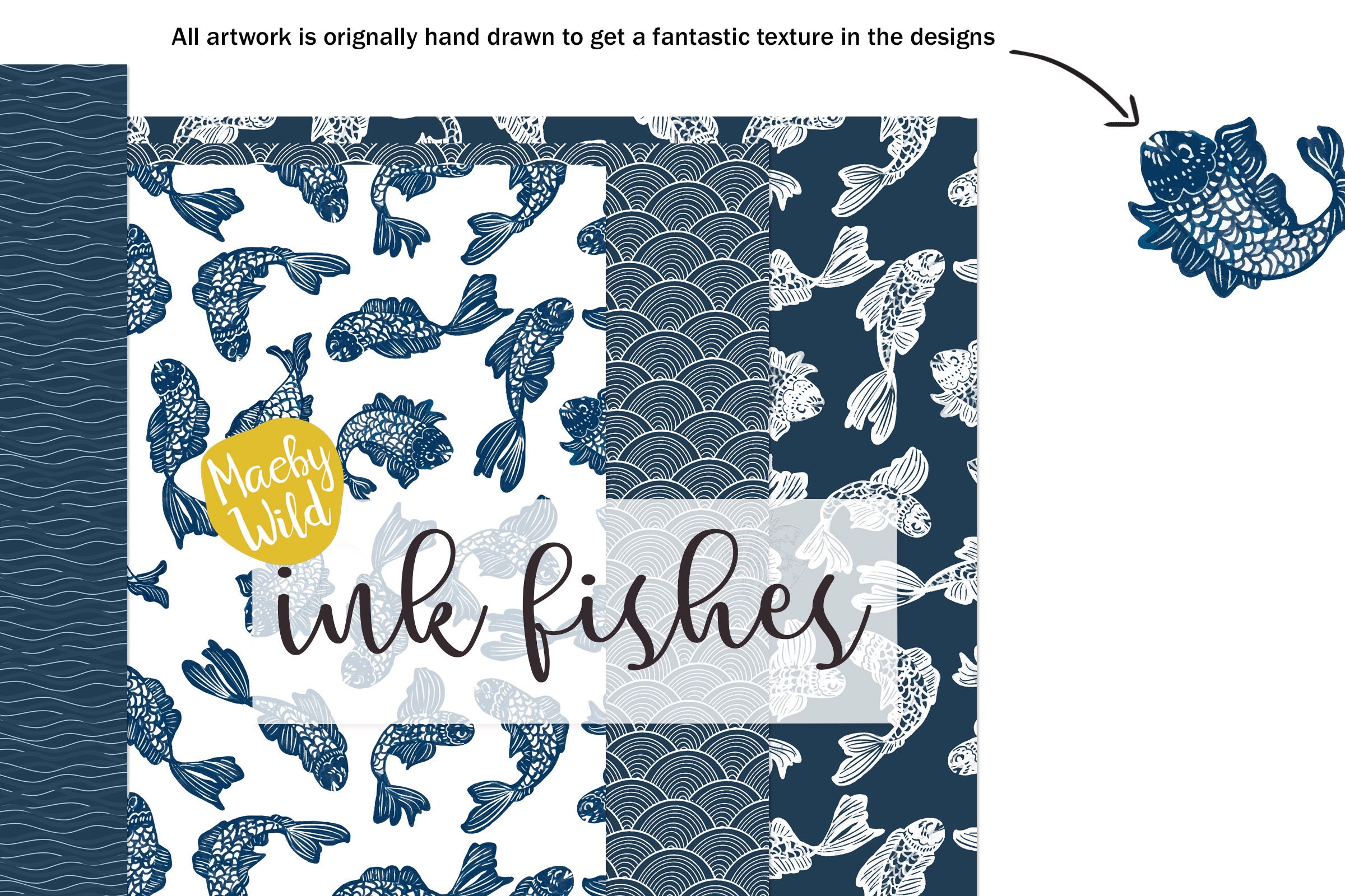 Ink Fishes Print Pattern digital Seamless Paper Fish - Etsy