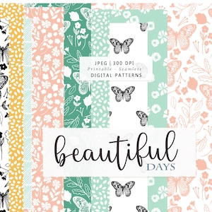 Butterfly block printed line illustration Digital Seamless Pattern Paper - flower pattern Scrap paper - Printable  Paper Set - Commercial