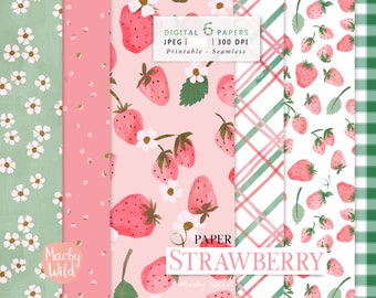Watercolor strawberry Seamless Pattern Paper - watercolor Scrap paper - Printable Paper Set - Commercial