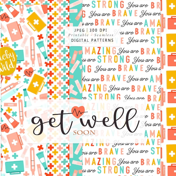 Get well soon Pattern -Digital Seamless Paper - medical illustration - doctors medical journal  - first aid care Printable Scrap Paper