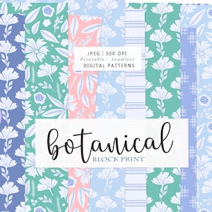 Botanical Block Print vintage flower Pattern -Digital Seamless Paper - floral  illustration - pattern journal  - Printable Scrap Paper Set