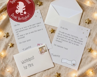 May include: Two white cards with German text and illustrations, one white envelope, and a red circular badge with a white elf graphic and text. The cards feature messages from Tomte, one mentioning a drawing and the other a toilet paper mess.