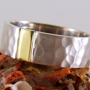 9mm Hammered Silver Wedding Band,Silver and Gold,Thick Hammered Ring, Handmade Solid Gold and Silver Unique Band