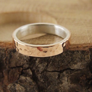 4mm, Solid 10k Rose Gold -Silver Hammered Wedding Band, Two Sides Weddind Band,