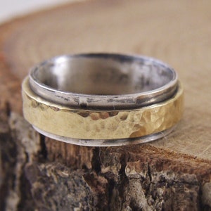 7mm ,Handmade  Hammered Brass- Silver  Wedding Band,  Yellow Gold  and Silver  Band, Men and Women  Hammered Brass  -Silver Wedding Band