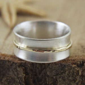 Spinner Wedding Band, Silver and Solid Gold  Handmade Band, Silver and 14K Yellow Gold spinner Ring, Real Gold and Silver  Mediation Band