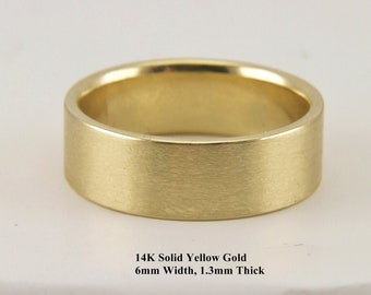 6mm,14K Solid Gold  Yellow Gold ,1.3mm Thick,Solid Gold Brushed-Matte Flat Wedding Band, 14K Solid Gold Wedding Band Real  Gold ,Handmade