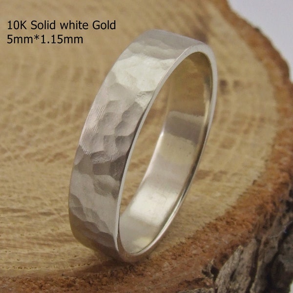 5 mm, Solid 10K White Gold Matte gehamerde trouwring, 1,15 mm dikke gehamerde ring, echte witgouden trouwring, naturel witgouden band