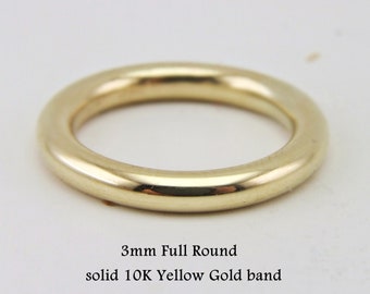3mm 10K Solid Yellow Gold Wedding Band: Handmade Circular Ring , Full Rounded