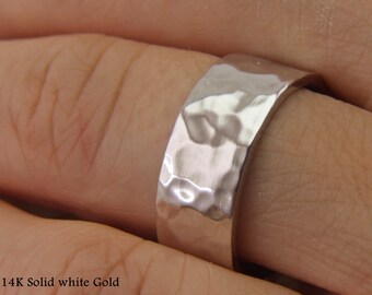 Handmade 14K White Gold Hammered Wedding Band - 8mm