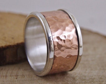 14mm , Extra Wide ,Rustic Mens Hammered Wedding Band,  Copper and Silver Hammered Band, Men and Women   Copper -Silver Wedding Band