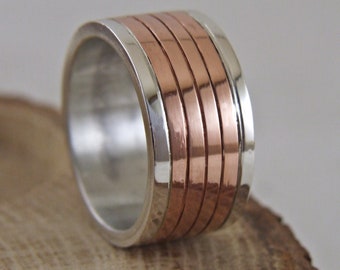 11mm , Extra Wide ,Silver and Copper  Handmade Rustic Band , Copper -Silver  Wedding Band,