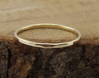 10K Yellow Gold Hammered Ring: Thin Stacking Band , 1.2mm Thick