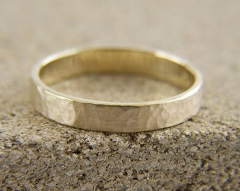 3mm * 1.25mm Solid 14K Yellow Gold Matte Hammered Wedding Band ,Thick Hammered Gold Ring, Solid Gold Wedding Bands,Yellow Gold Hammered Band