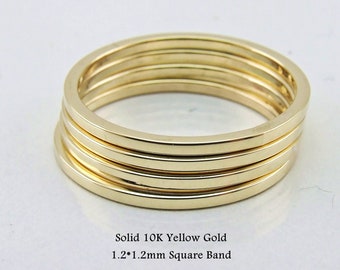 Dainty 10K Solid Yellow Gold Wedding Band: 1.25mm Square Stacking Ring