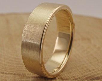 Handmade 18K Solid Yellow Gold Wedding Band: Brushed Matte Flat Ring Extra Thick