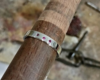 Handmade 10K White Gold Ruby Wedding Band: Matte Hammered Ring
