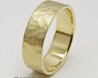 Handmade 10K Solid Yellow Gold Hammered Wedding Band (6mm)