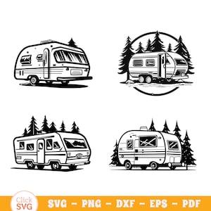 Ensemble SVG de caravane de camping en plein air, clipart de camp, thème de l'aventure en forêt, fichier de coupe Silhouette en téléchargement immédiat