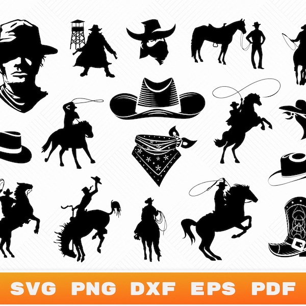 Cowboy Silhouette SVG Bundle, Rodeo Cut Files, Cowgirl Hat PNG, Boots SVG, Wild West Pistols, Cowboy Clipart, Cut Files for Cricut