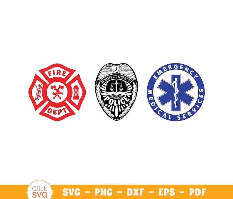 May include: Three black and white badge designs. The first badge is red and says "Fire Dept." with a fire hydrant, ladder, and axe. The second badge is black and says "Police" with a scale of justice, a book, and an eagle. The third badge is blue and says "Emergency Medical Services" with a caduceus.