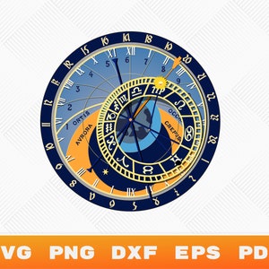 Può includere: Un quadrante di orologio blu e oro con numeri romani e simboli astrologici. Il quadrante dell'orologio è circondato da un anello nero con numeri bianchi. Il quadrante dell'orologio è diviso in due sezioni, una blu e una arancione. La sezione blu ha le parole "ORTIS" e "AVRORA" scritte su di essa. La sezione arancione ha le parole "CREPUS" e "OCCID" scritte su di essa.