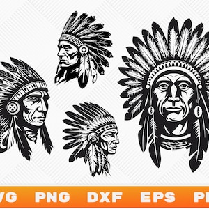May include: Four black and white illustrations of Native American chiefs wearing traditional headdresses with feathers. The chiefs are facing different directions.