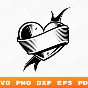 Heart with Ribbon Svg, Love Svg Instant Download, Heart Tattoo Dxf, Cute Mascot Design, Vector Graphics