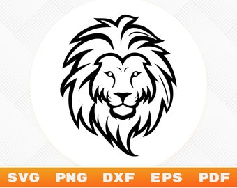 May include: A black and white line art illustration of a lion's head with a full mane.