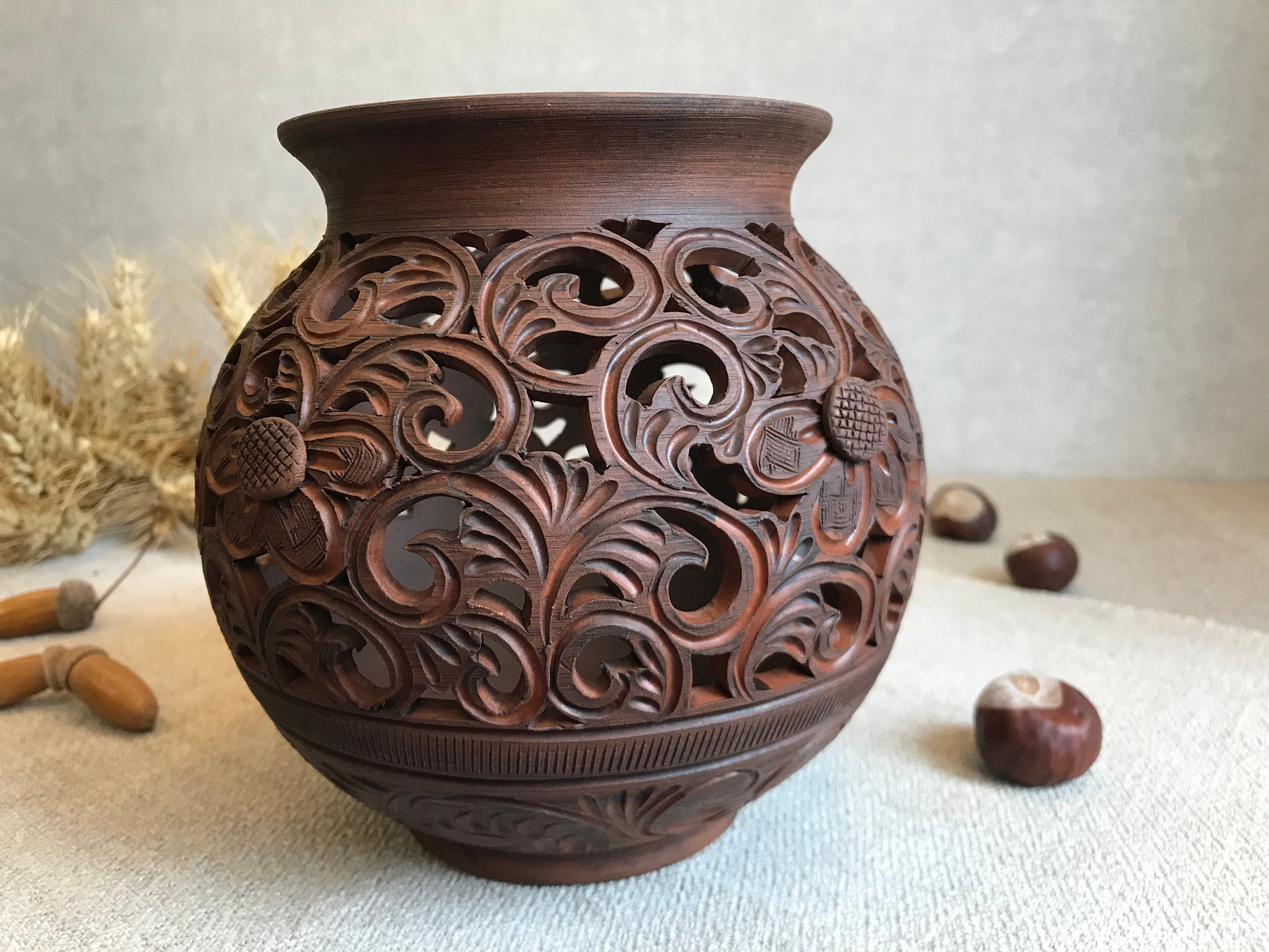 ECO carved clay vase without glaze and glass colorants. Vegan Etsy