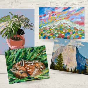 Wenskaart op maat 4 pak - landschapskunstkaart, kleurrijk schilderij, kustkunst, natuurliefhebber cadeau, kunstkaart, wenskaartpakket
