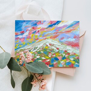 Cartão de felicitações - montanha de flores, cartão de arte de paisagem, cartão de felicitações floral, pintura de flores de montanha, pintura impasto, pintura colorida