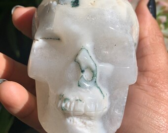 Quartz Moss Agate Skull • Moss Agate Quartz Crystal Skull • Moss Agate • Crystal Skull • Druzy Crystal • Skull Crystal • Human Skull Replica