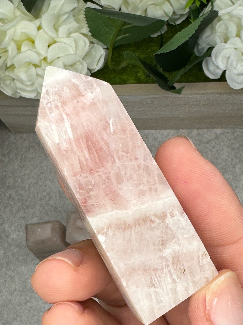 May include: A pale pink selenite crystal point with a smooth, polished surface. The crystal has a translucent appearance and shows natural striations.