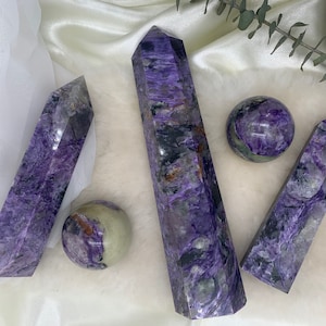 Exquisite Chariote Towers and Spheres • CHARIOTE • Purple Chariote • Charoite Crystals • Chariote Towers • Chariote Spheres